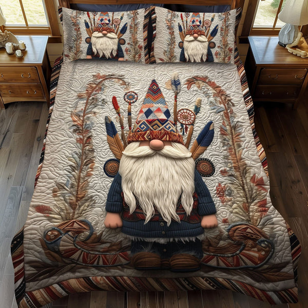 Nomadic Gnome quilted 3-piece bedding set on a made bed in a winter-styled bedroom