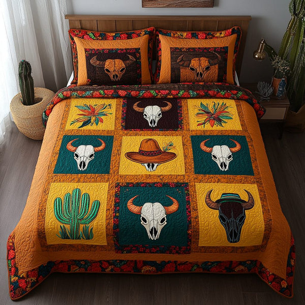 Nomadic Guardian quilted 3-piece bedding set on a made bed with two matching pillow shams