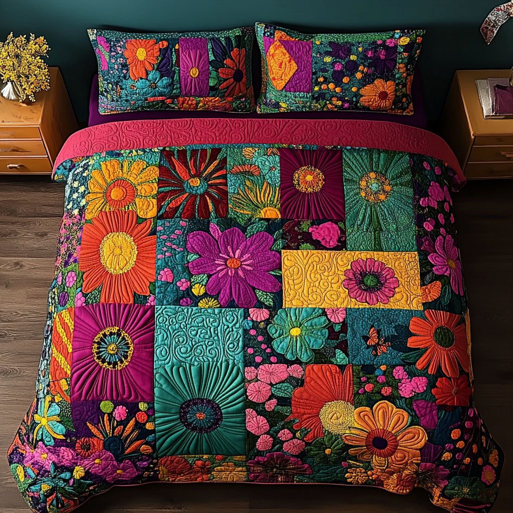 Nomadic Soul quilted 3-piece bedding set on a made bed with two matching pillow shams