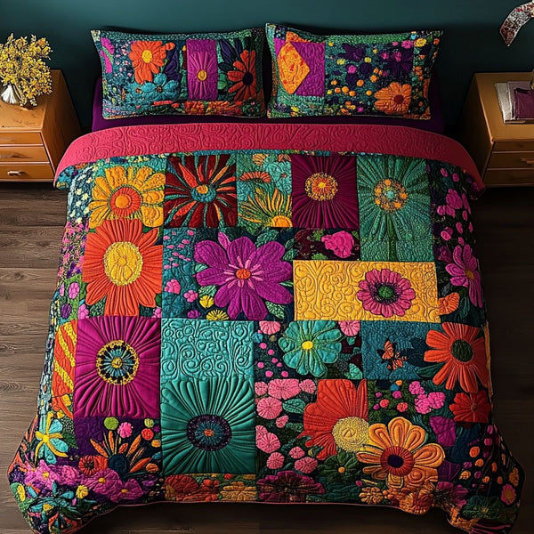 Nomadic Soul quilted 3-piece bedding set on a made bed with two matching pillow shams