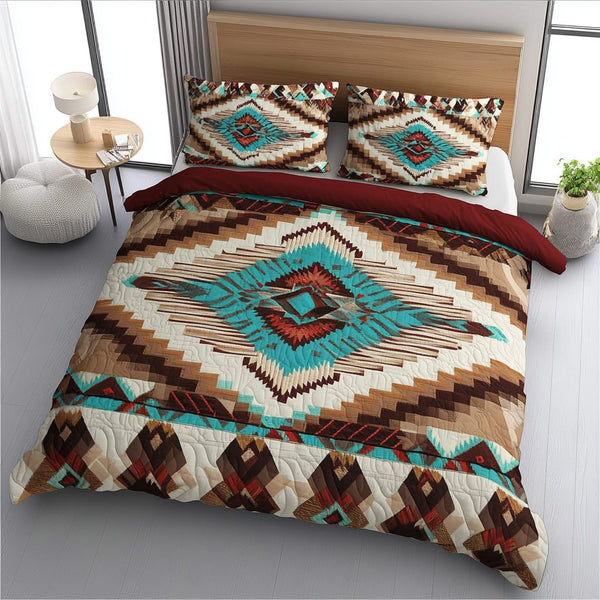 Nomadic Spirit quilted 3-piece bedding set on a made bed with two matching pillow shams