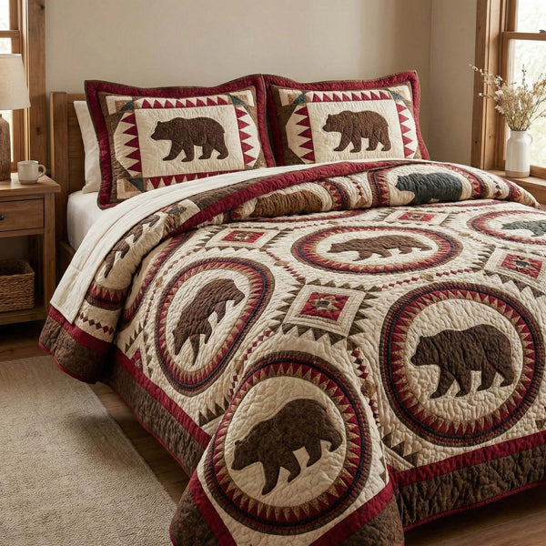 Nordic Bear quilted 3-piece bedding set on a made bed with two matching pillow shams