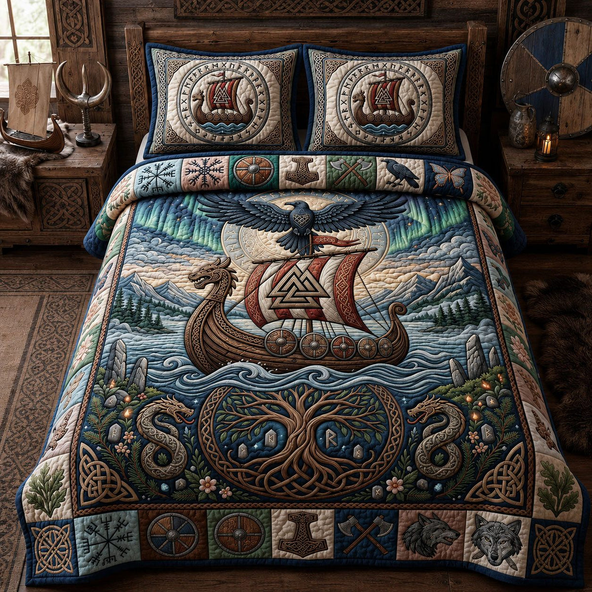 Nordic Dragon Ship quilted 3-piece bedding set on a made bed in a light coastal bedroom