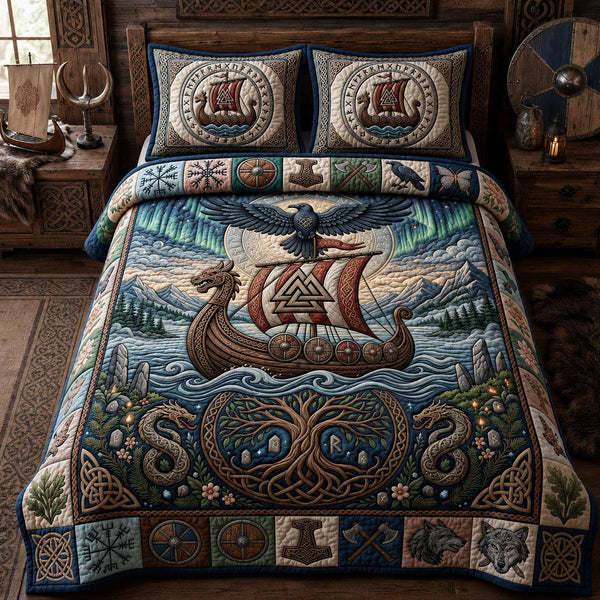 Nordic Dragon Ship quilted 3-piece bedding set on a made bed in a light coastal bedroom