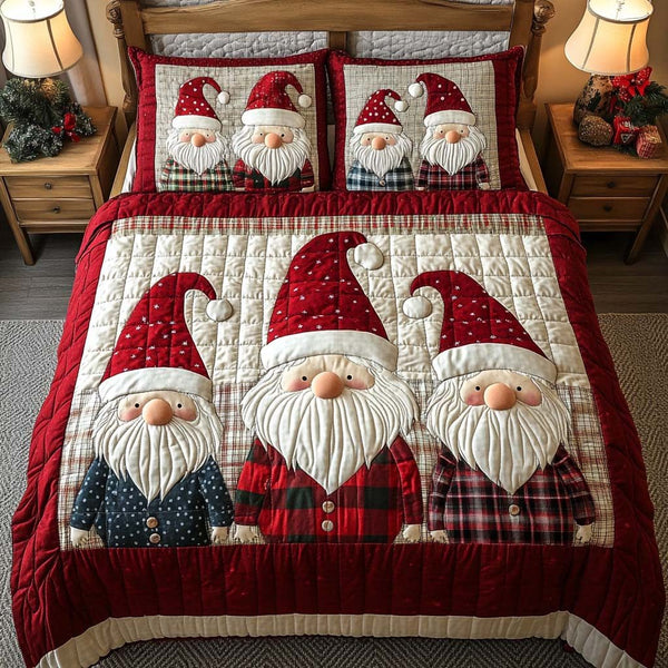 Nordic Gnome quilted 3-piece bedding set on a made bed in a winter-styled bedroom