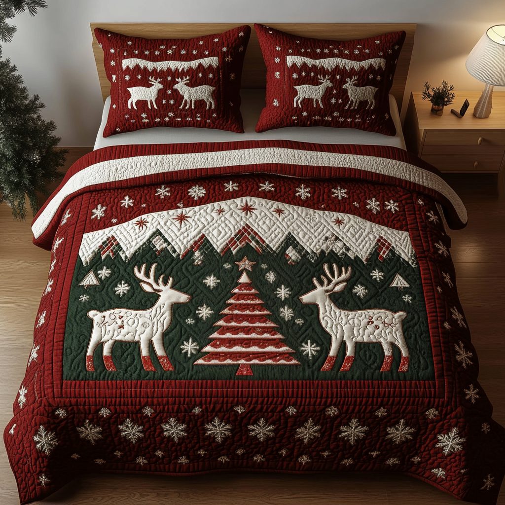 Nordic Noel quilted 3-piece bedding set on a made bed in a winter-styled bedroom