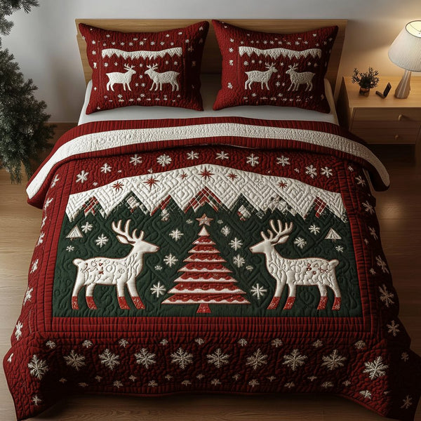 Nordic Noel quilted 3-piece bedding set on a made bed in a winter-styled bedroom
