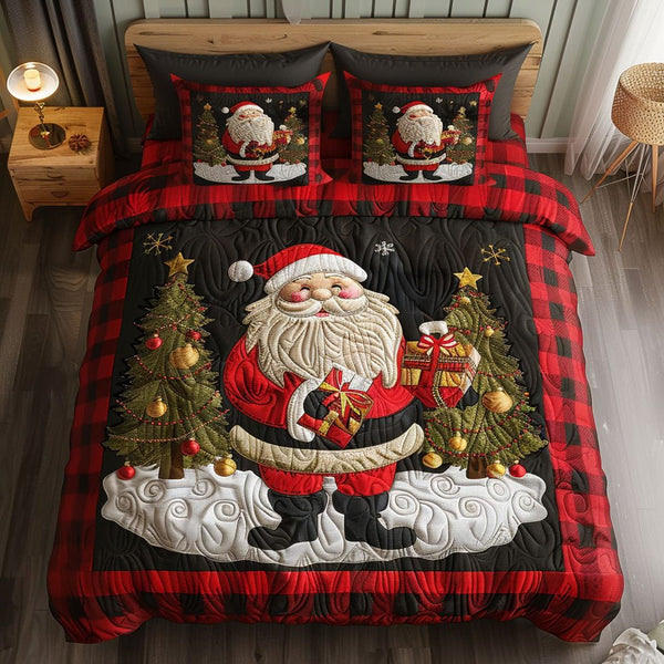 Nordic Santa quilted 3-piece bedding set on a made bed in a winter-styled bedroom