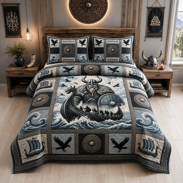 Nordic Viking quilted 3-piece bedding set on a made bed with two matching pillow shams