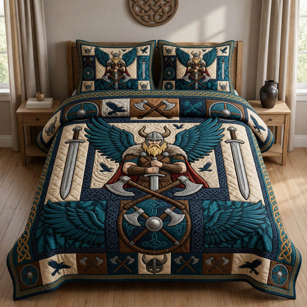Nordic Viking quilted 3-piece bedding set on a made bed with two matching pillow shams