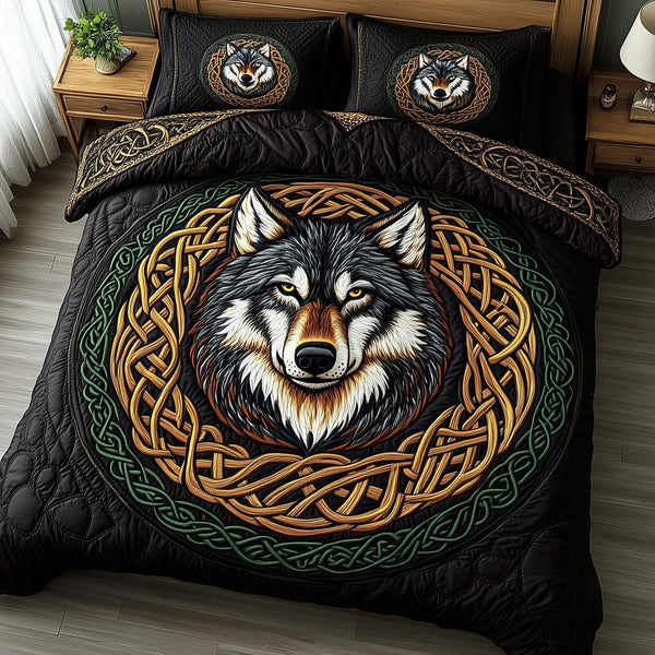 Nordic Wolf Spirit quilted 3-piece bedding set on a made bed with two matching pillow shams