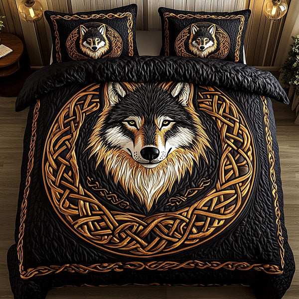 Nordic Wolf Spirit quilted 3-piece bedding set on a made bed with two matching pillow shams