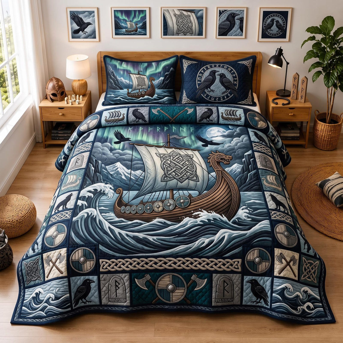 Norse Legacy quilted 3-piece bedding set on a made bed with two matching pillow shams