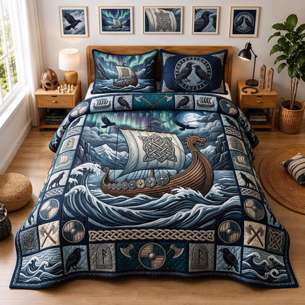 Norse Legacy quilted 3-piece bedding set on a made bed with two matching pillow shams