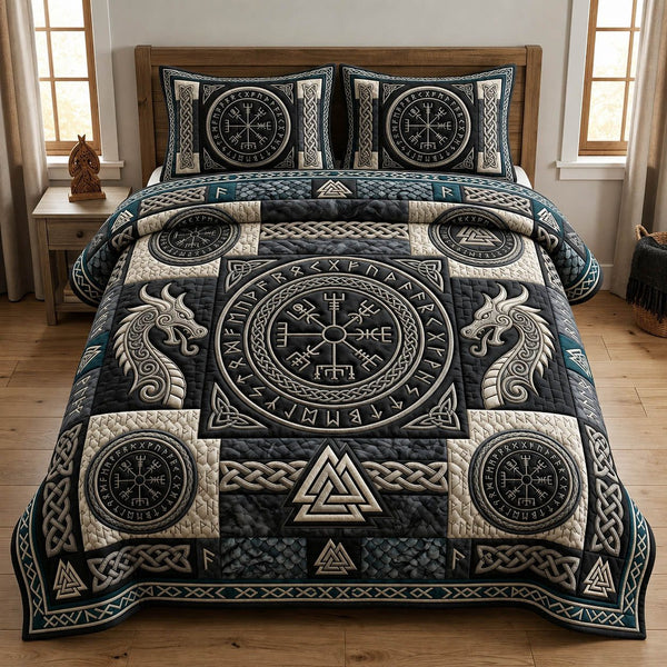 Norse Viking Dragon Runes quilted 3-piece bedding set on a made bed with two matching pillow shams