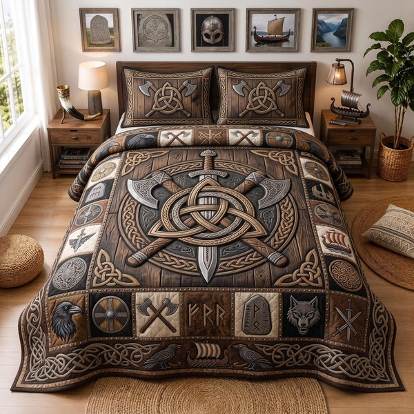 Norse Warrior quilted 3-piece bedding set on a made bed with two matching pillow shams