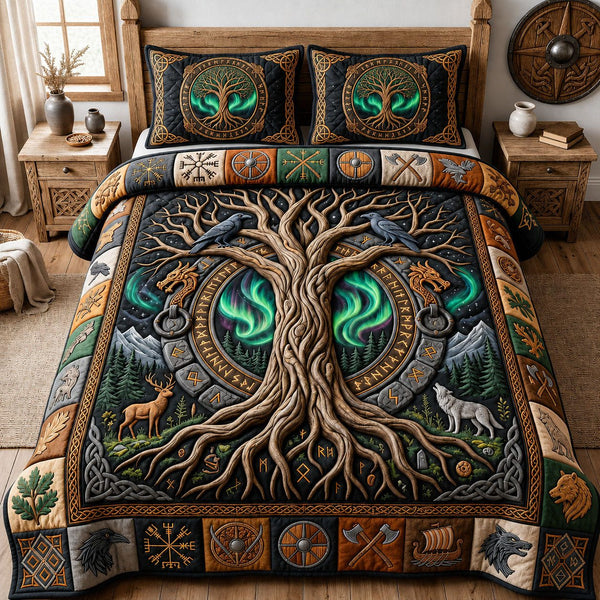 Norse World Tree quilted 3-piece bedding set on a made bed with two matching pillow shams