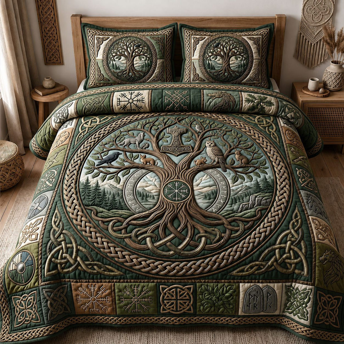 Norse World Tree quilted 3-piece bedding set on a made bed with two matching pillow shams