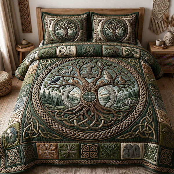 Norse World Tree quilted 3-piece bedding set on a made bed with two matching pillow shams