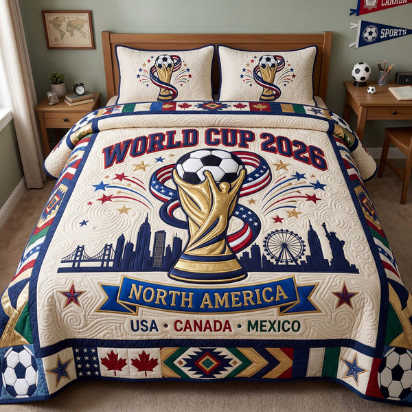 North America Glory quilted 3-piece bedding set on a made bed in a warmly lit bedroom