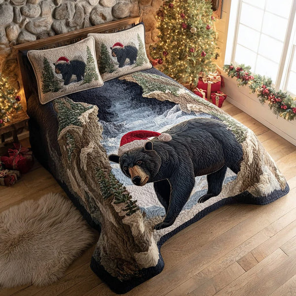 North Bear Santa quilted 3-piece bedding set on a made bed in a winter-styled bedroom
