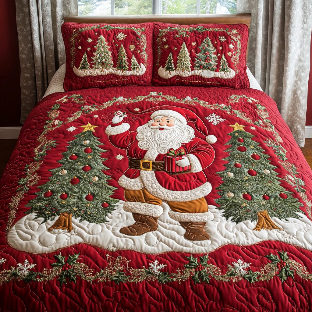North Pole Celebration quilted 3-piece bedding set on a made bed with two matching pillow shams