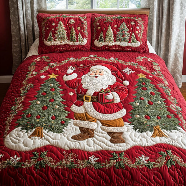 North Pole Celebration quilted 3-piece bedding set on a made bed with two matching pillow shams