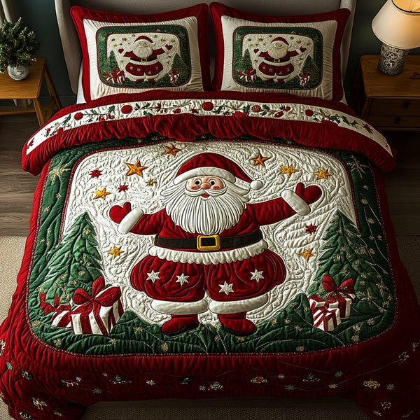 North Pole Cheer quilted 3-piece bedding set on a made bed with two matching pillow shams