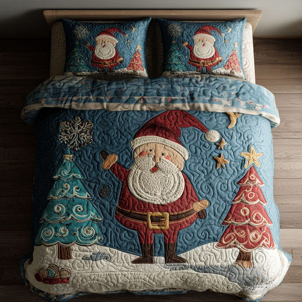 North Pole Cheer quilted 3-piece bedding set on a made bed with two matching pillow shams