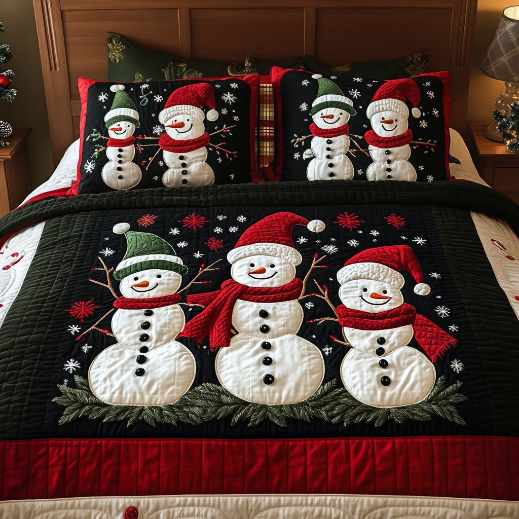 North Pole Delivery quilted 3-piece bedding set on a made bed with two matching pillow shams