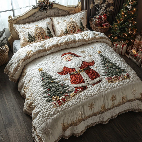 North Pole Dreams quilted 3-piece bedding set on a made bed with two matching pillow shams