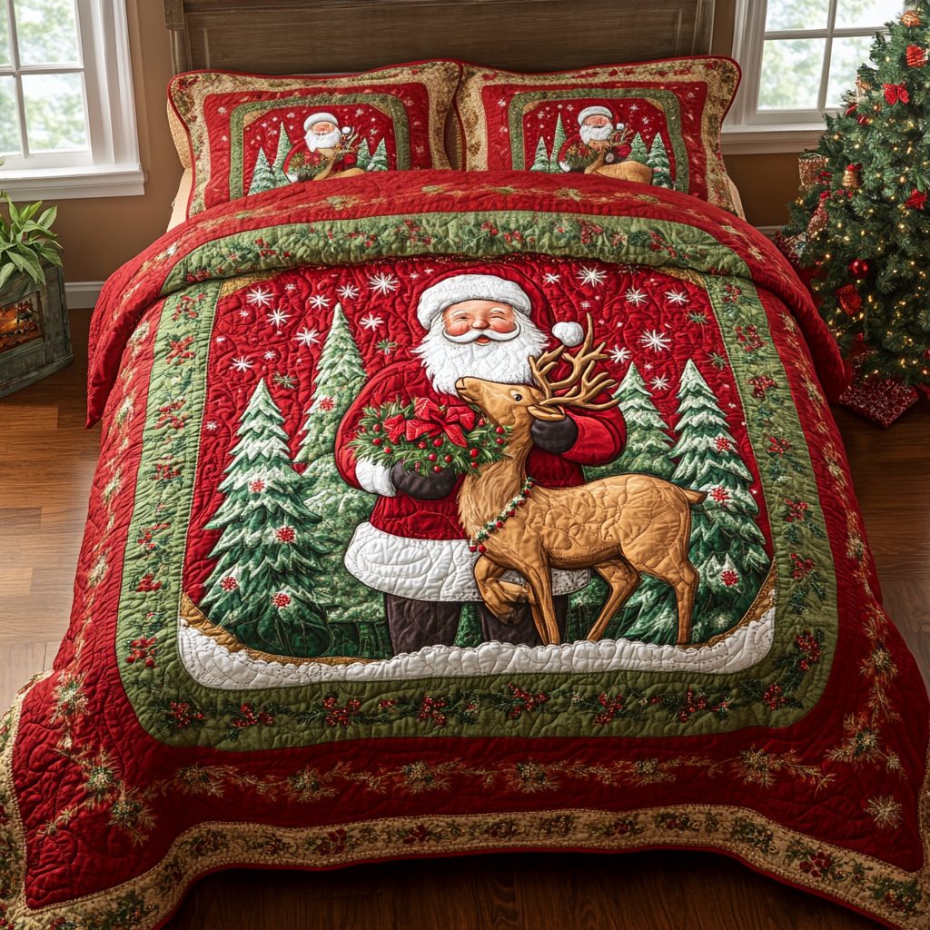 North Pole Express quilted 3-piece bedding set on a made bed with two matching pillow shams