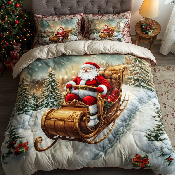 North Pole Joy quilted 3-piece bedding set on a made bed with two matching pillow shams