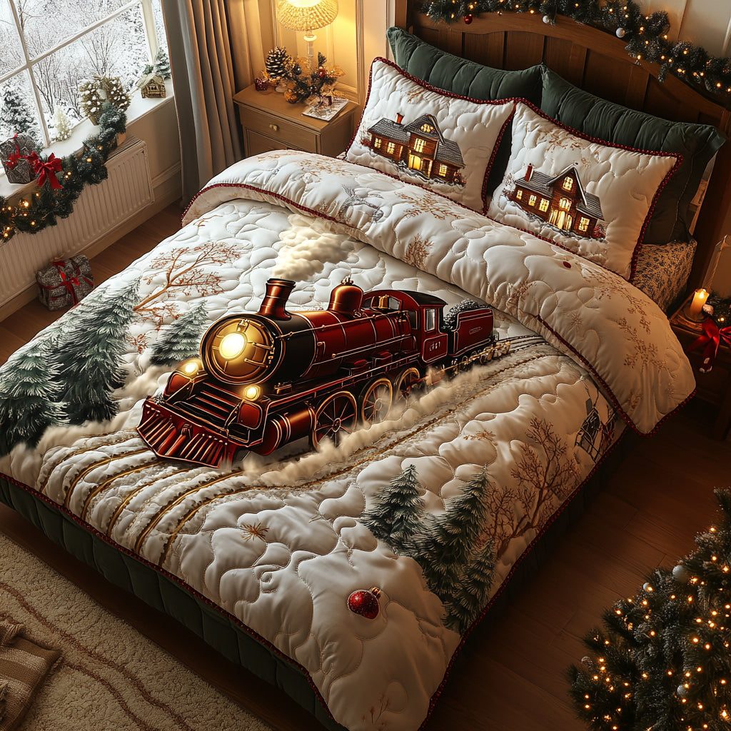 North Pole Line quilted 3-piece bedding set on a made bed with two matching pillow shams