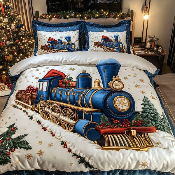 North Pole Locomotive quilted 3-piece bedding set on a made bed with two matching pillow shams