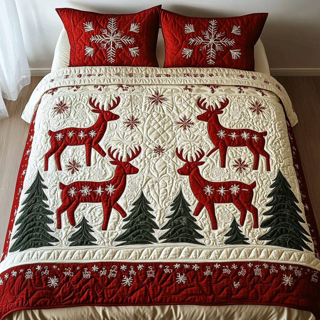 North Pole Nights quilted 3-piece bedding set on a made bed with two matching pillow shams