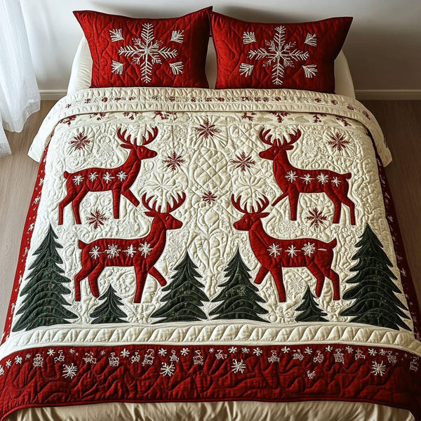 North Pole Nights quilted 3-piece bedding set on a made bed with two matching pillow shams