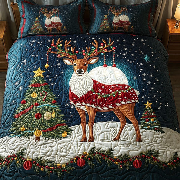 North Pole Nights quilted 3-piece bedding set on a made bed with two matching pillow shams