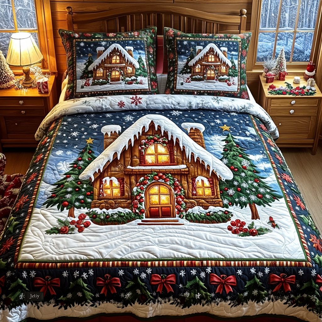 North Pole Nights quilted 3-piece bedding set on a made bed with two matching pillow shams