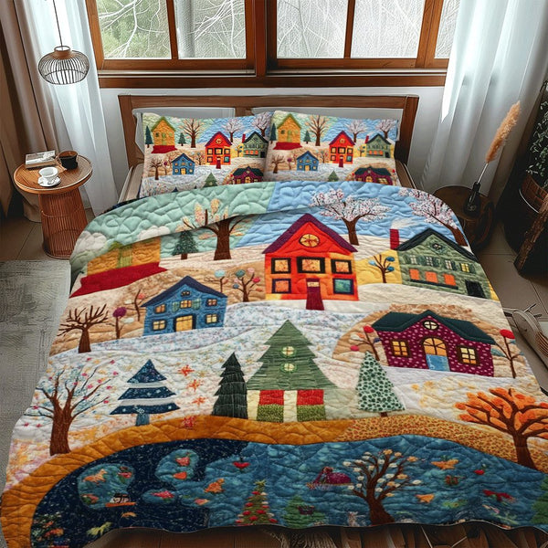 North Pole Nights quilted 3-piece bedding set on a made bed with two matching pillow shams