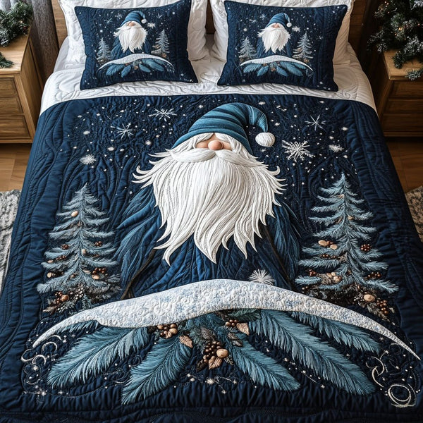 North Pole Nights quilted 3-piece bedding set on a made bed with two matching pillow shams