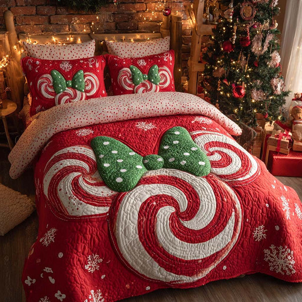 North Pole Present quilted 3-piece bedding set on a made bed with two matching pillow shams