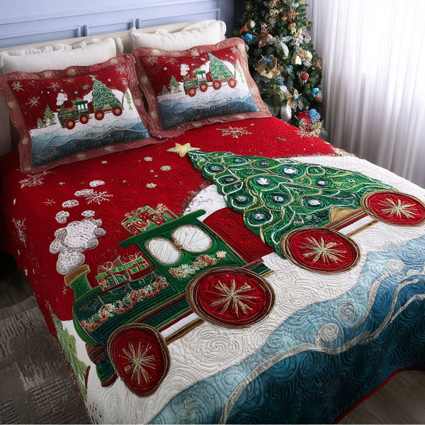Northbound Express quilted 3-piece bedding set on a made bed with two matching pillow shams