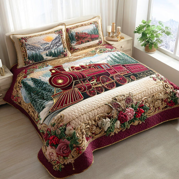 Northbound Express quilted 3-piece bedding set on a made bed with two matching pillow shams