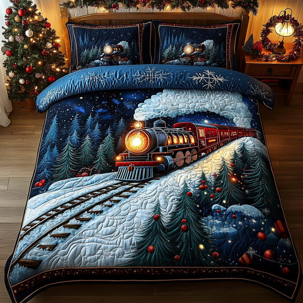 Northbound Light quilted 3-piece bedding set on a made bed with two matching pillow shams