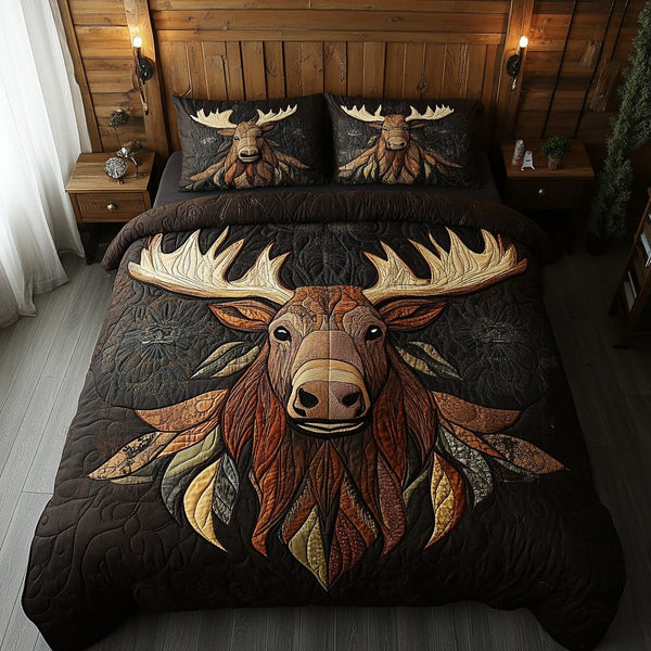 Northern Antlers quilted 3-piece bedding set on a made bed with two matching pillow shams