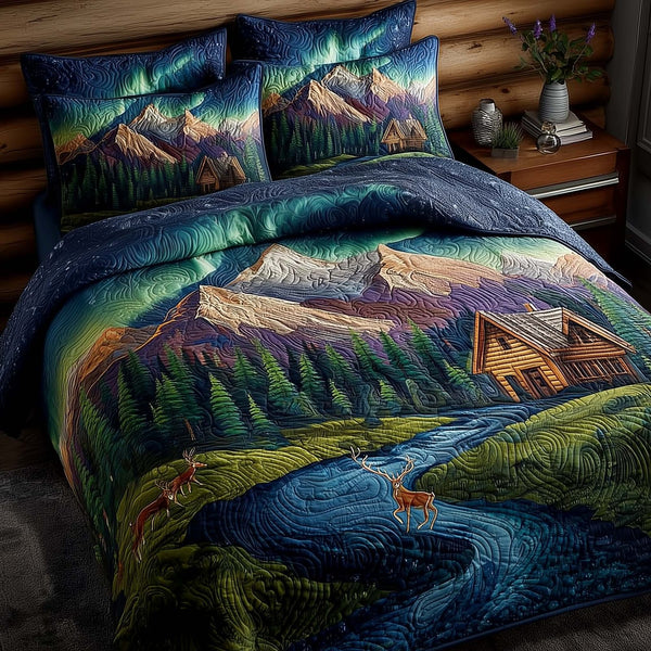 Northern Calm quilted 3-piece bedding set on a made bed with two matching pillow shams