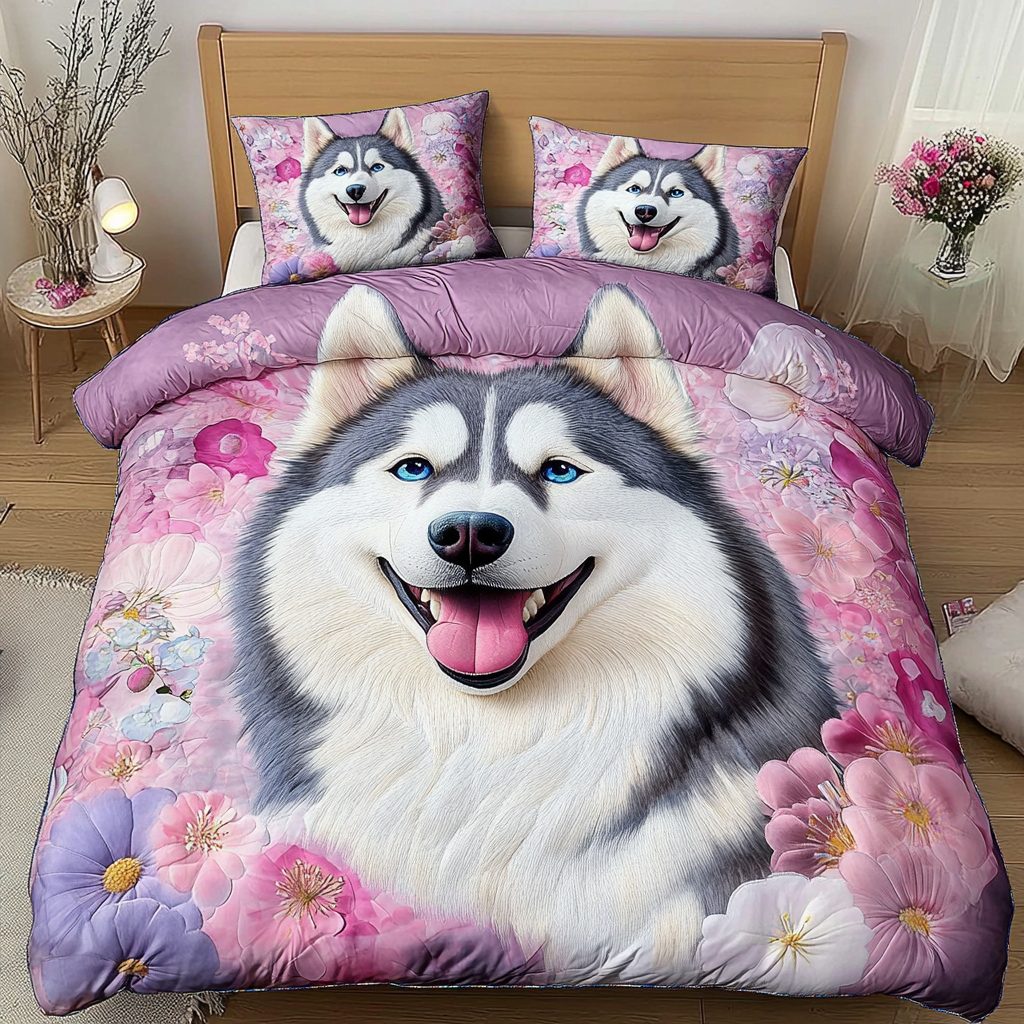 Northern Husky quilted 3-piece bedding set on a made bed with two matching pillow shams