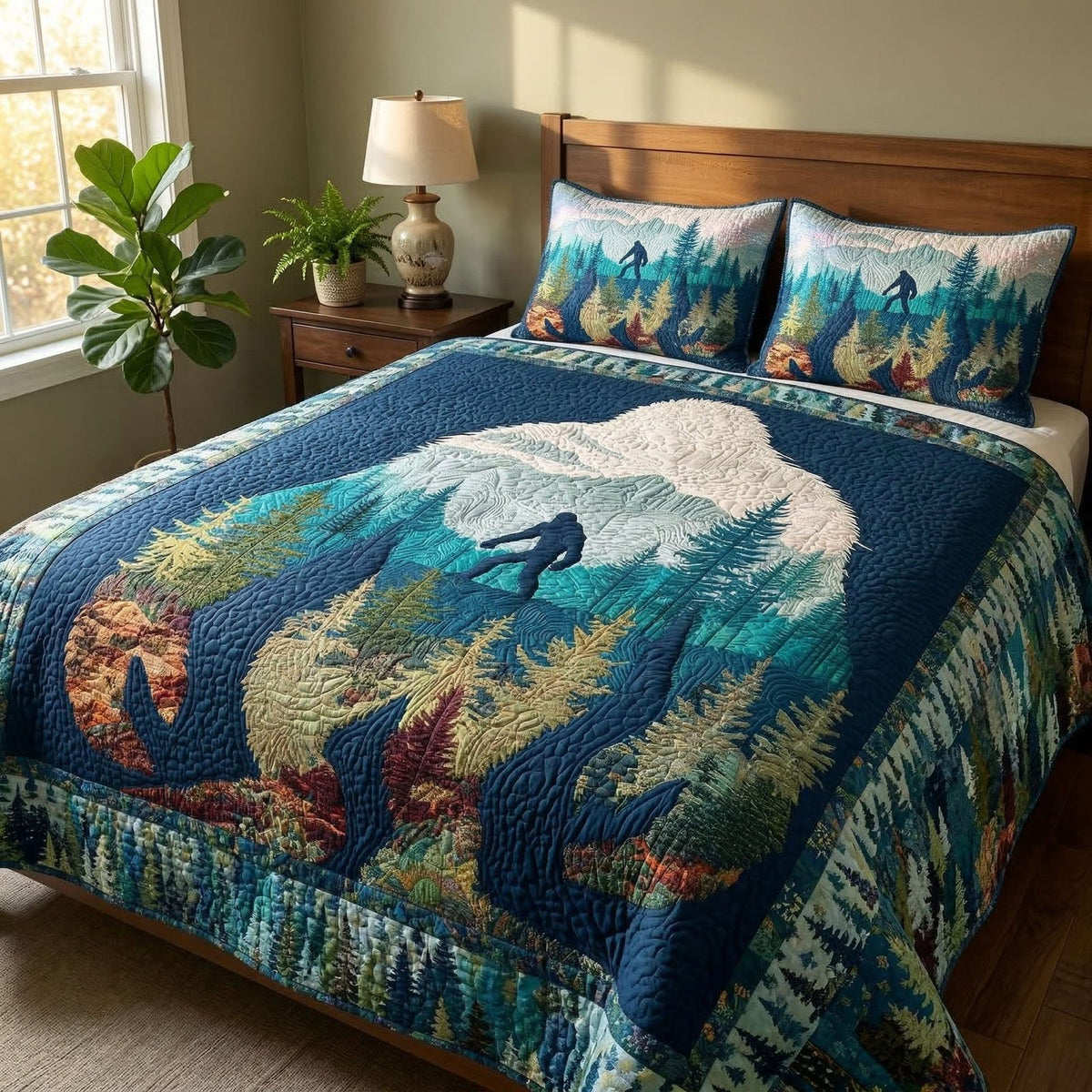 Northern Lights quilted 3-piece bedding set on a made bed with two matching pillow shams