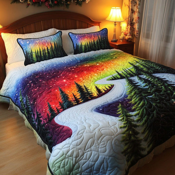 Northern Pathway quilted 3-piece bedding set on a made bed with two matching pillow shams